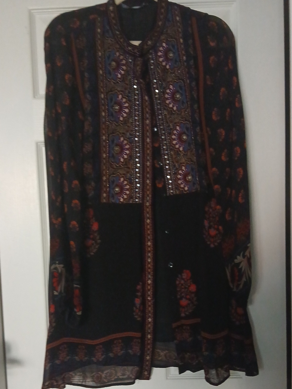Zara Black Floral Embellished Long Blazer Jacket